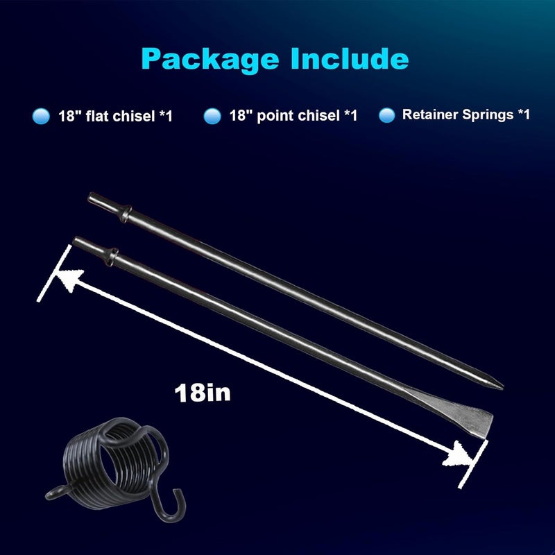 Phyxlyn Pneumatic Cold Chisel Set, 3/4" Width 18" Long Air Pneumatic Hammer with Air Hammer Spring, Flat and Point Chisels with Round Collar for Concrete and Tile, Air Hammer Punch Chipping Bits Tool - Image 3